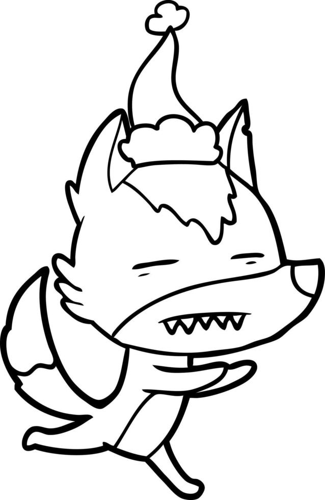 line drawing of a wolf showing teeth wearing santa hat vector