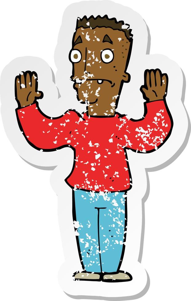 retro distressed sticker of a cartoon man surrendering vector