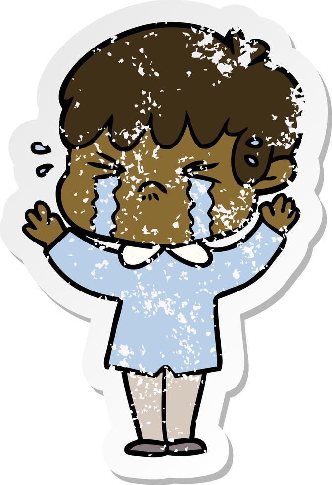 distressed sticker of a cartoon boy crying vector