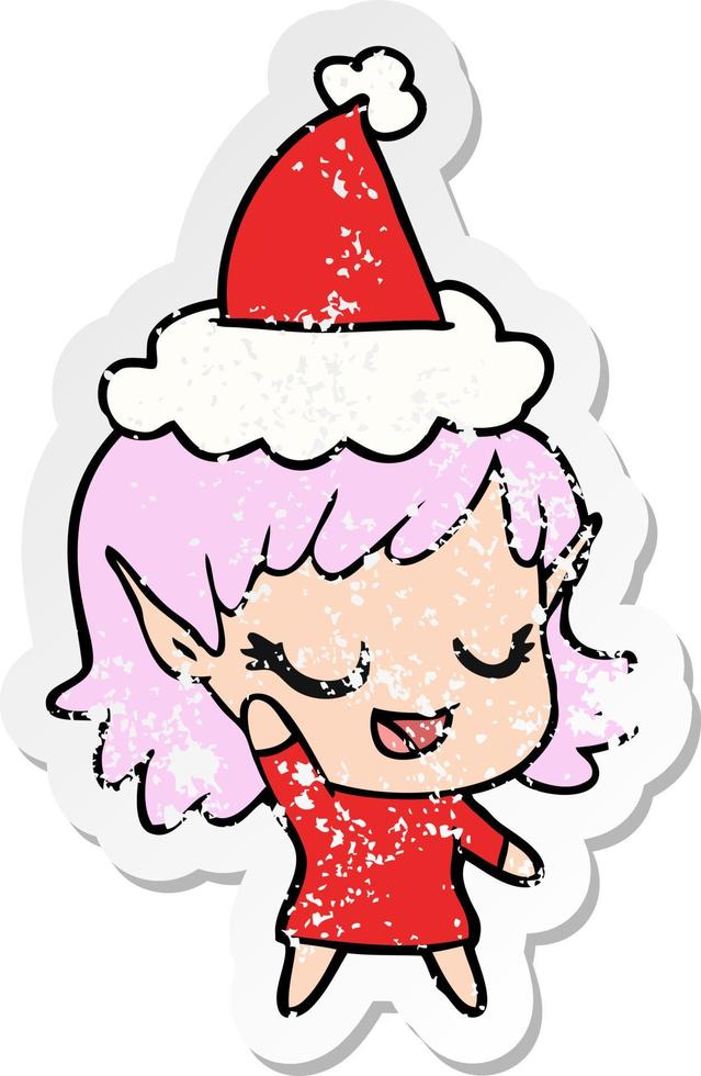 happy distressed sticker cartoon of a elf girl wearing santa hat vector