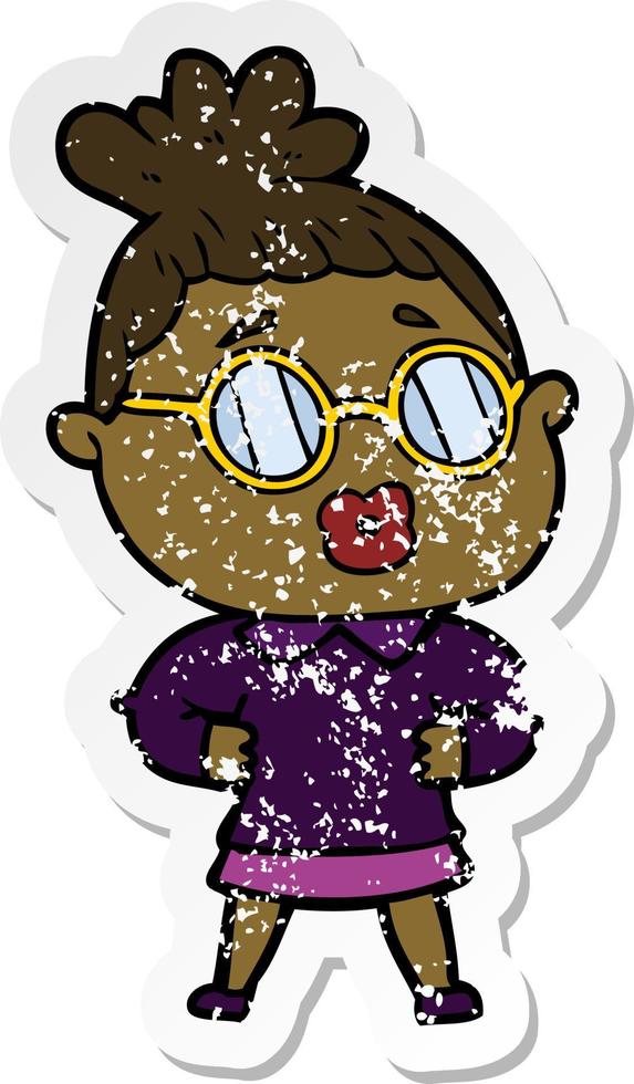 distressed sticker of a cartoon woman wearing spectacles vector