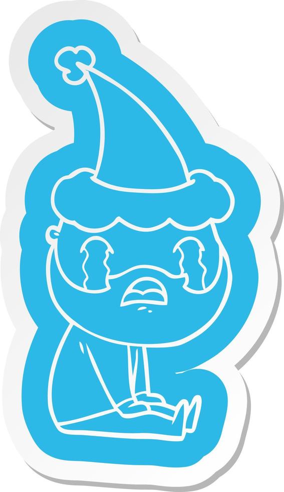 cartoon  sticker of a bearded man crying wearing santa hat vector