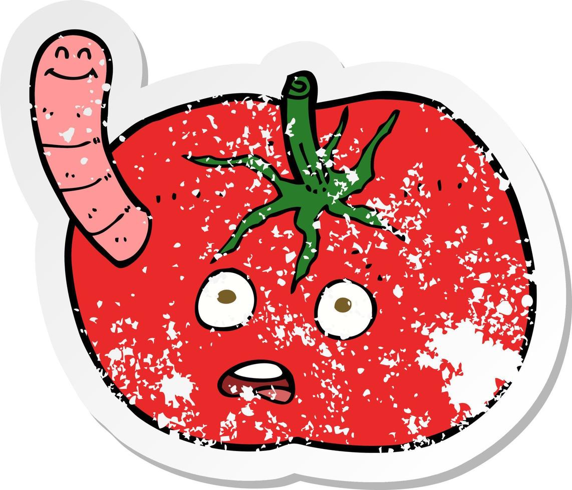 retro distressed sticker of a cartoon tomato with worm vector