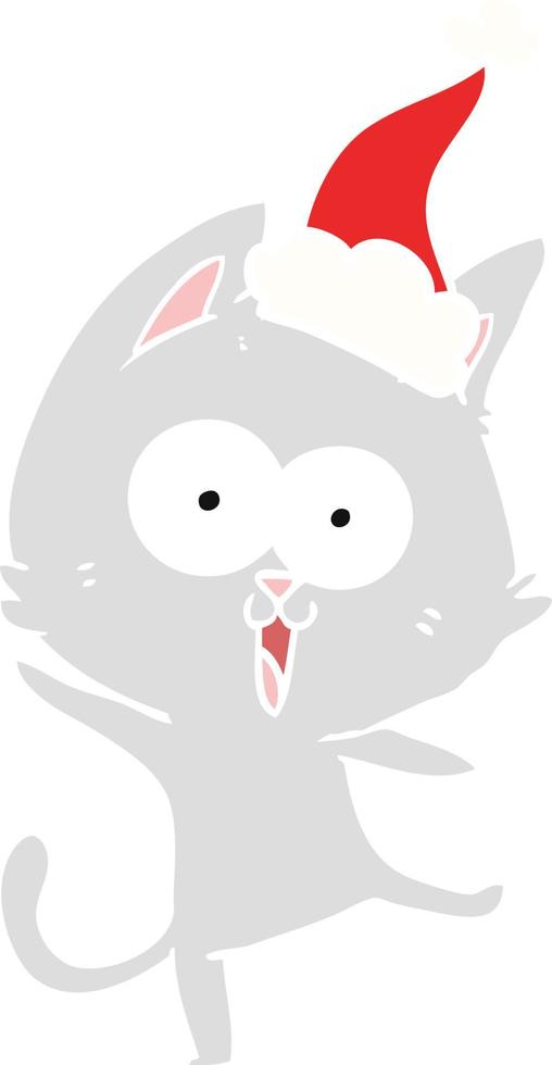 funny flat color illustration of a cat wearing santa hat vector