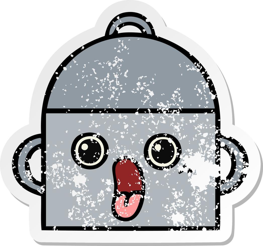 distressed sticker of a cute cartoon cooking pot vector