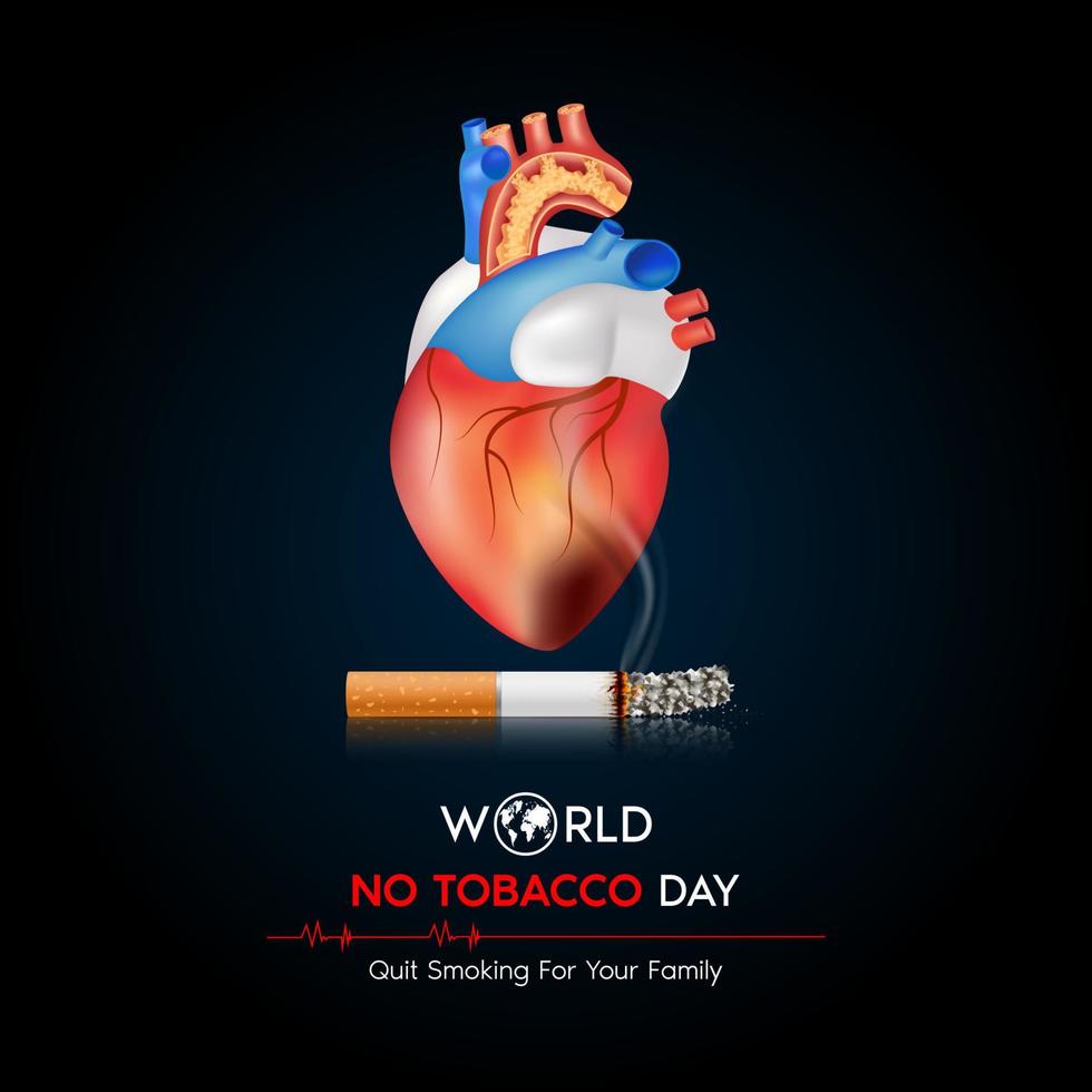 día mundial sin tabaco. línea de bits de corazón y cigarrillo en un fondo negro. peligros de fumar. efecto de fumar en el pulmón con personas alrededor y familiares. Ilustración vectorial 3d. vector