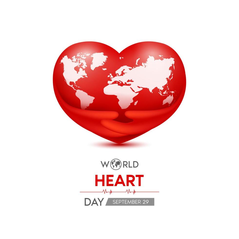 World Heart Day. Red heart with white world map. Abstract heartbeat Background banner, heart wave. 3D vector illustration.