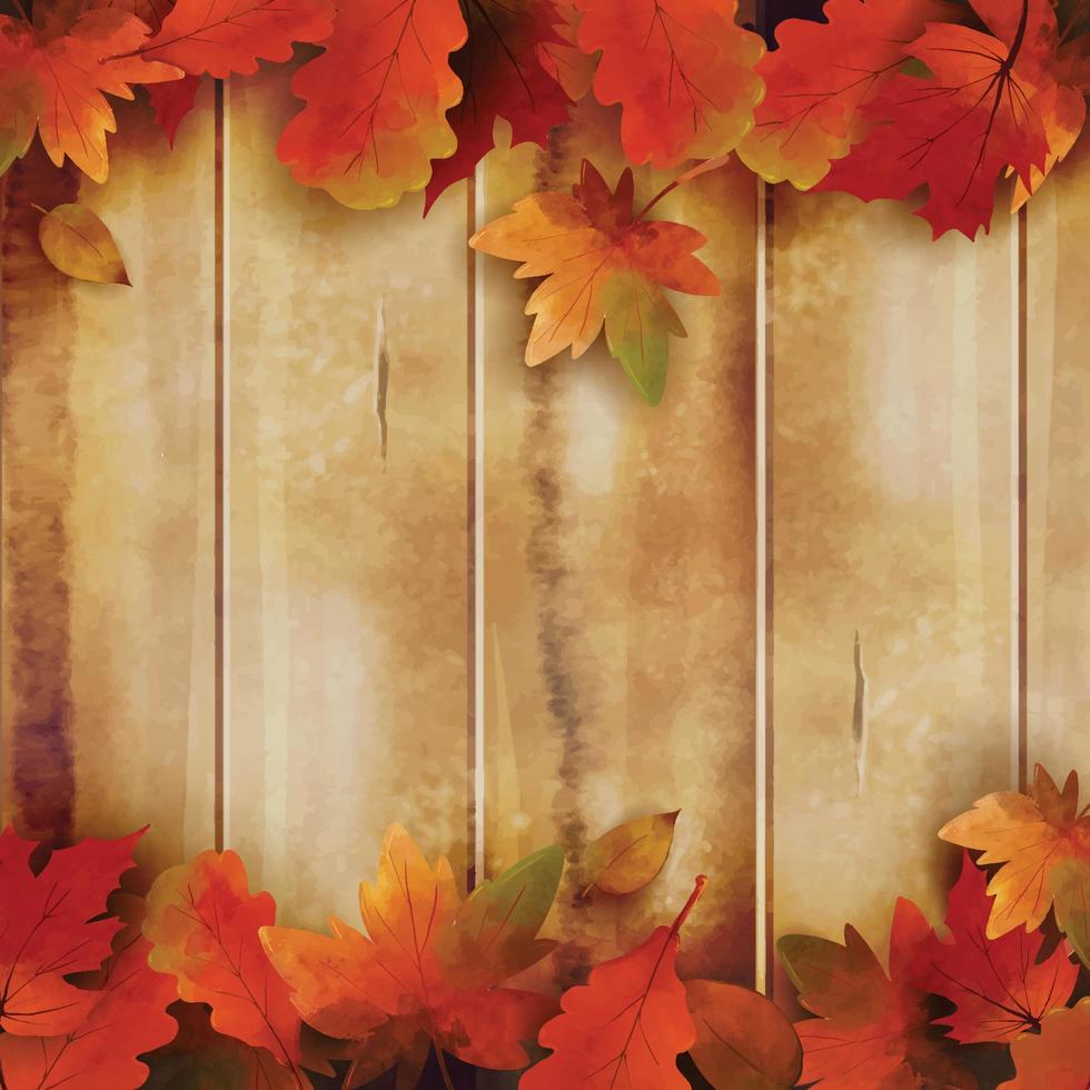 Watercolor Fallen Leaf in Autumn Season with Wood Background vector