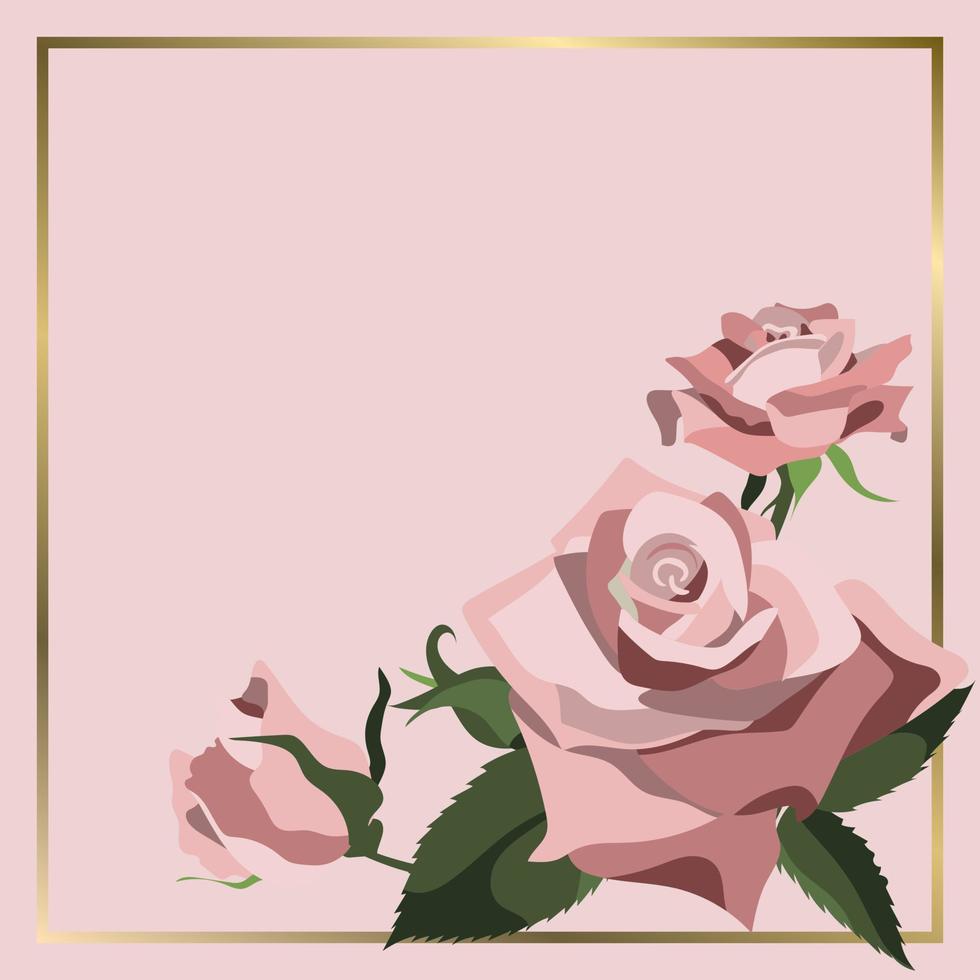 Vector square background with blooming pink roses and golden frame