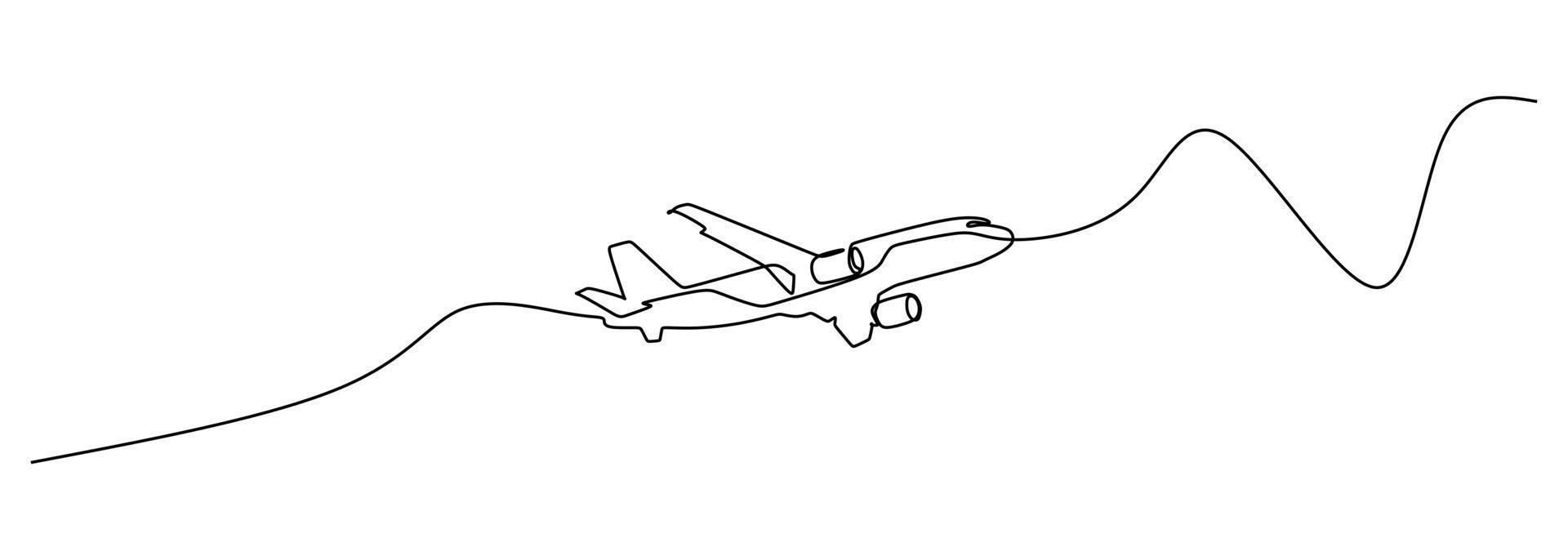 Single line drawing  commercial airplane takeoff and climb. Takeoff is the phase of flight in which an aerospace vehicle leaves the ground and becomes airborne. Vector illustration for transportation