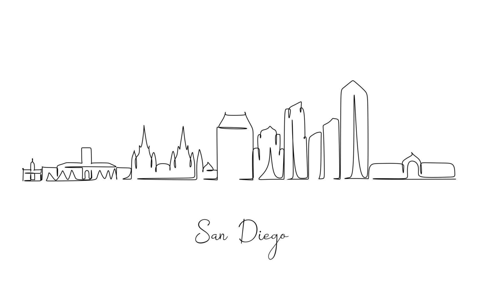 One single line drawing of San Diego city skyline, United States. Historical landscape in world. Best holiday destination poster. Editable stroke trendy continuous line draw design vector illustration