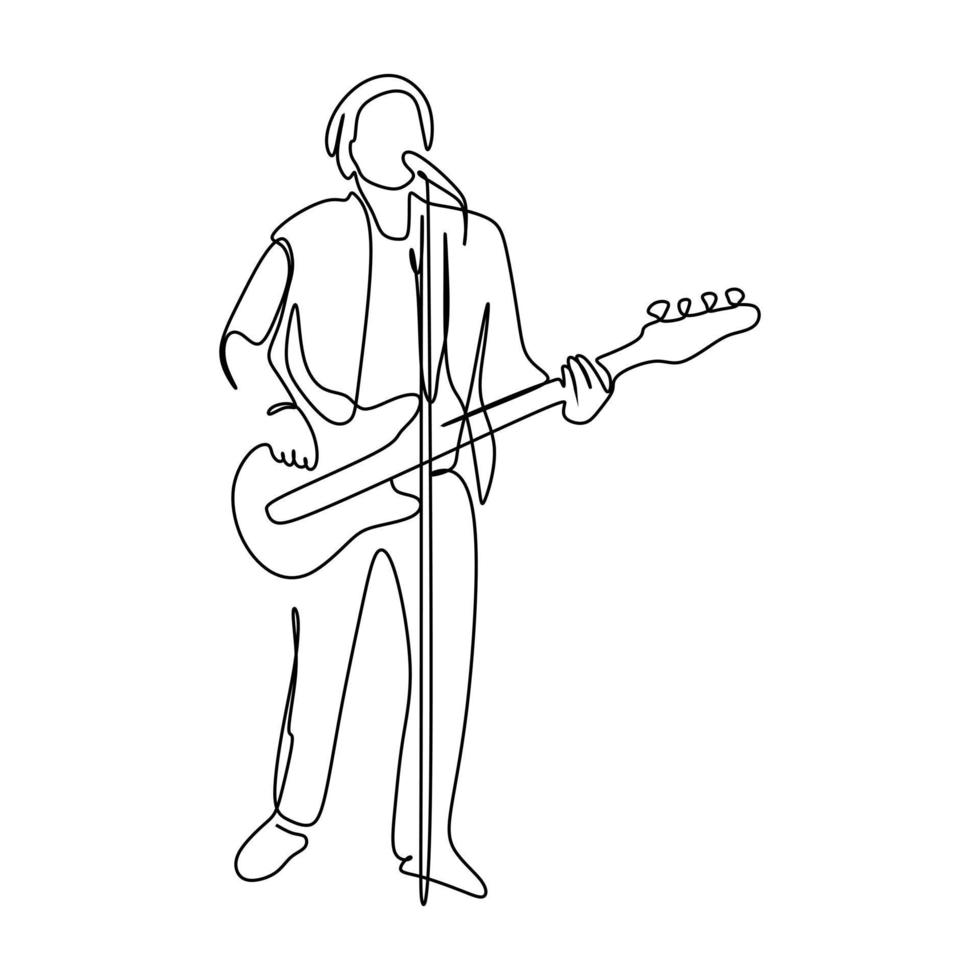 dibujo continuo de una sola línea de un cantante masculino que canta una canción y toca la guitarra. ilustración vectorial del concepto de rendimiento del artista músico vector