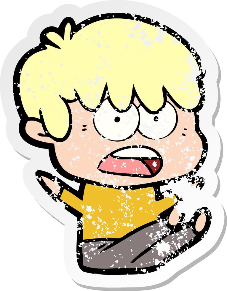 distressed sticker of a worried cartoon boy vector