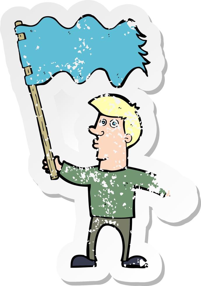 retro distressed sticker of a cartoon man waving flag vector