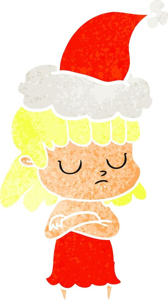 retro cartoon of a indifferent woman wearing santa hat vector