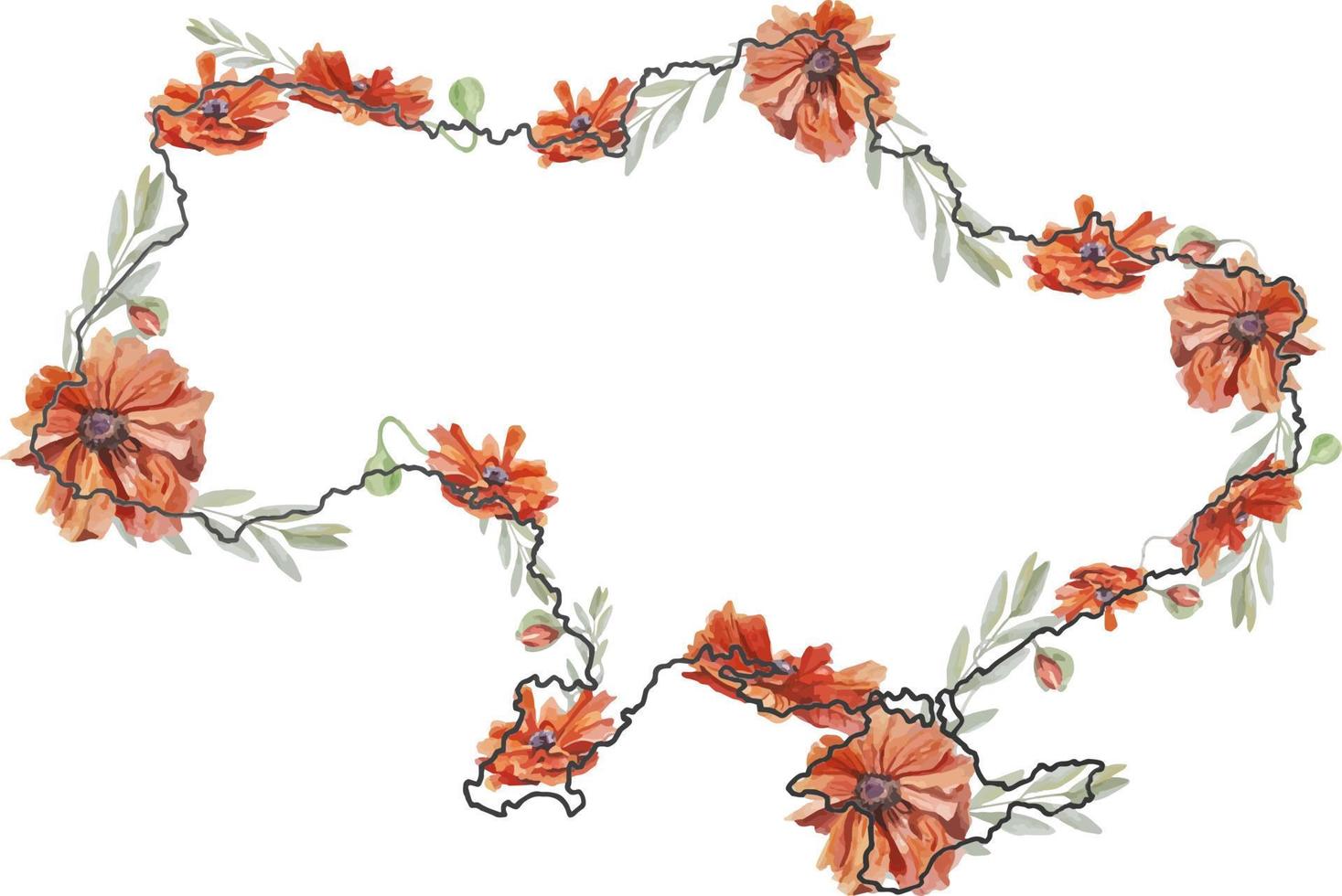 Hand drawn outline map of Ukraine line sketch and hand drawn watercolor poppies vector