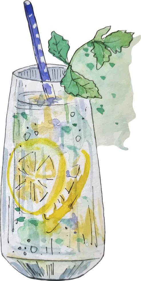 Watercolor vector clipart hand drawn illustration lemonade drink with mint and lemon