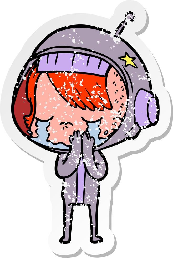 distressed sticker of a cartoon crying astronaut girl vector