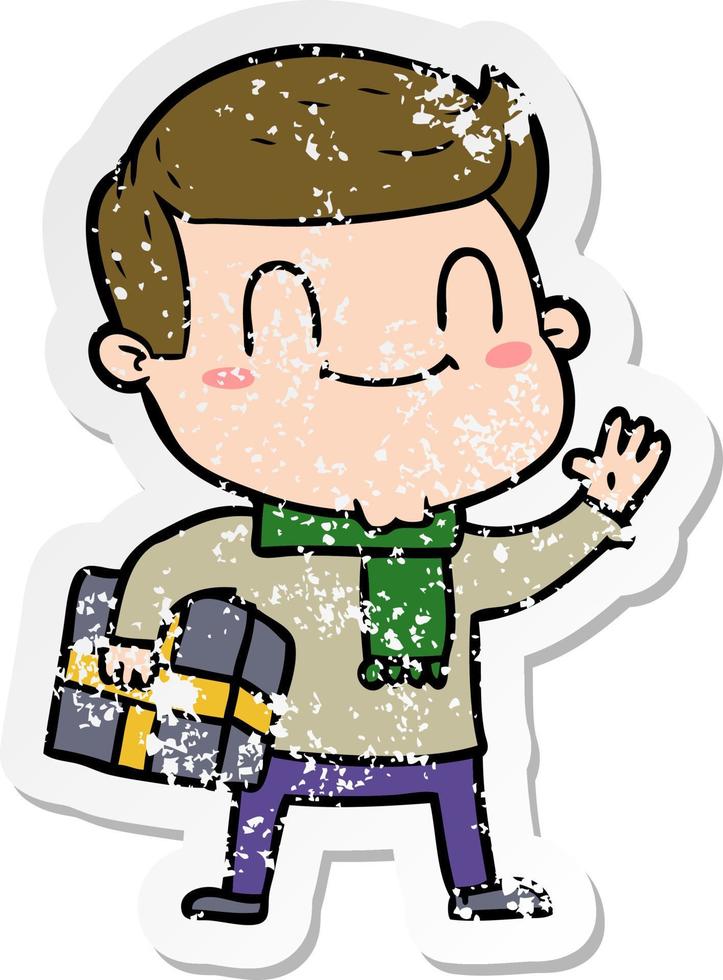 distressed sticker of a cartoon friendly man with xmas gift vector