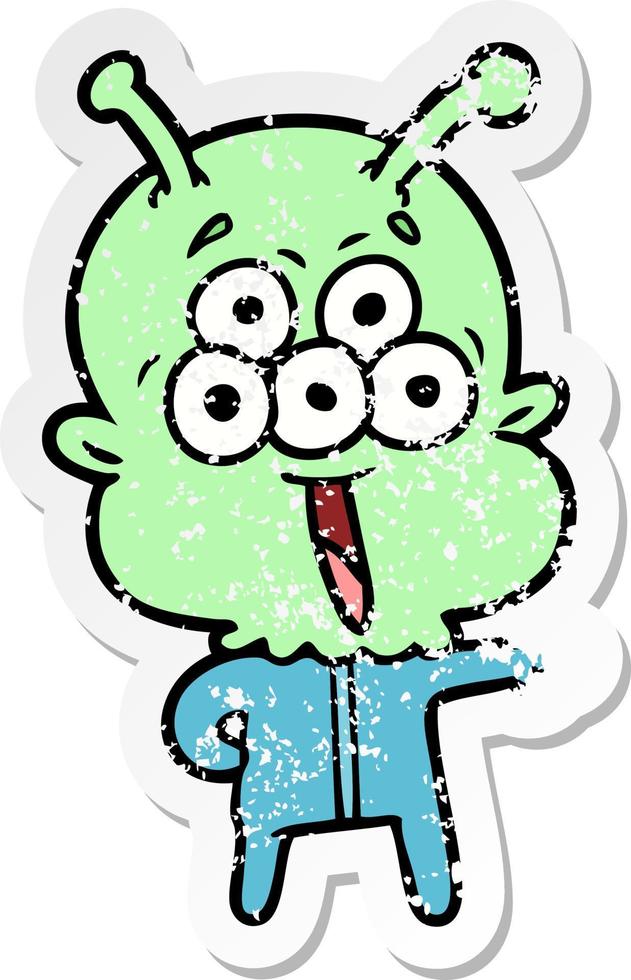 distressed sticker of a happy cartoon alien vector