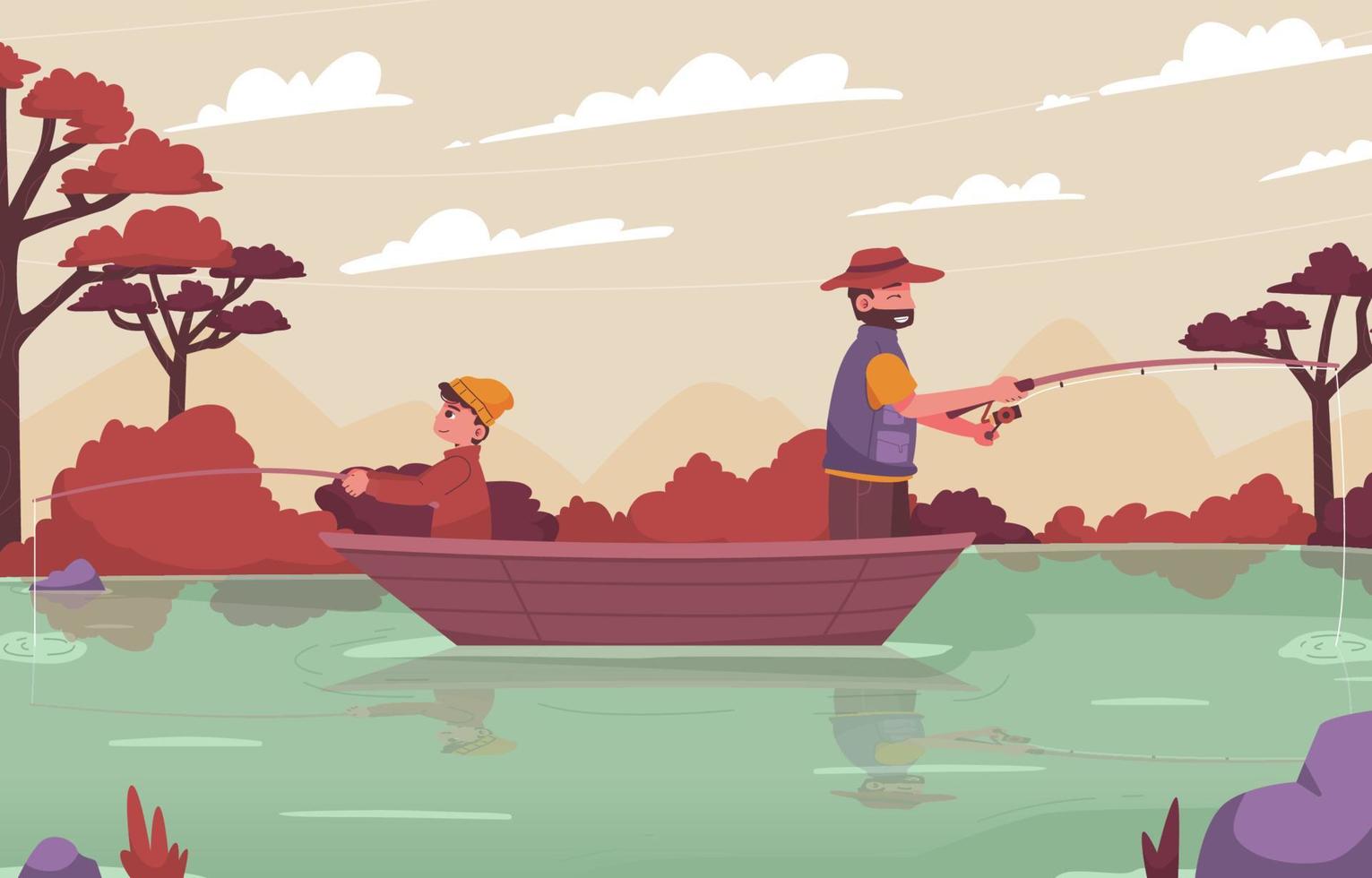 padre e hijo pescando en otoño vector