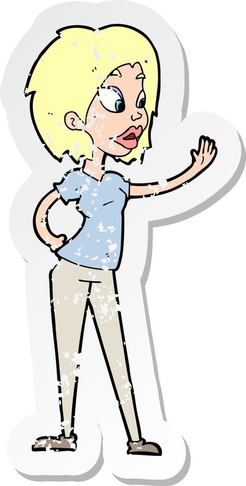 pegatina retro angustiada de una mujer de dibujos animados saludando vector