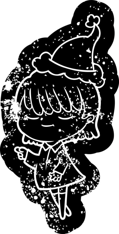 cartoon distressed icon of a woman wearing santa hat vector