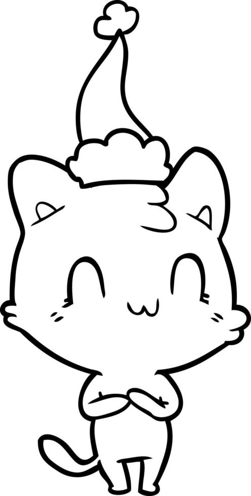 line drawing of a happy cat wearing santa hat vector