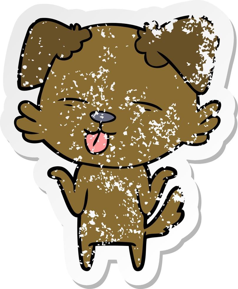 distressed sticker of a cartoon dog sticking out tongue vector