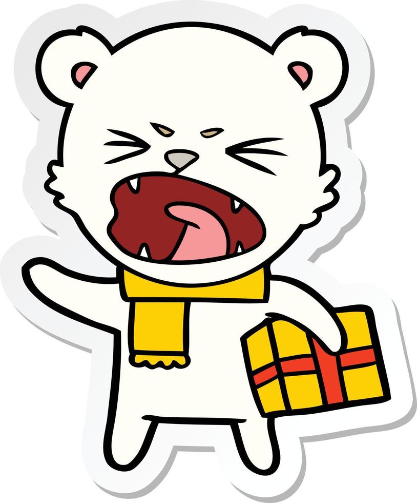 sticker of a angry cartoon polar bear with christmas present vector