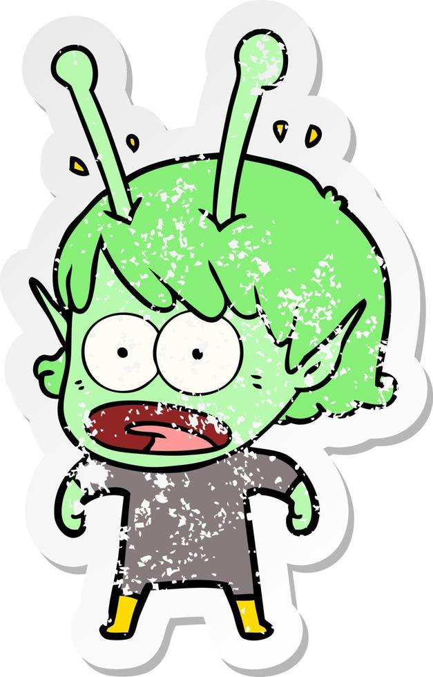 distressed sticker of a cartoon shocked alien girl vector