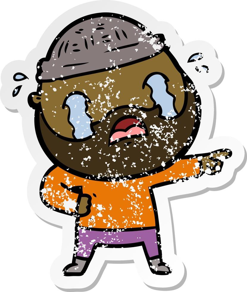 distressed sticker of a cartoon bearded man crying vector