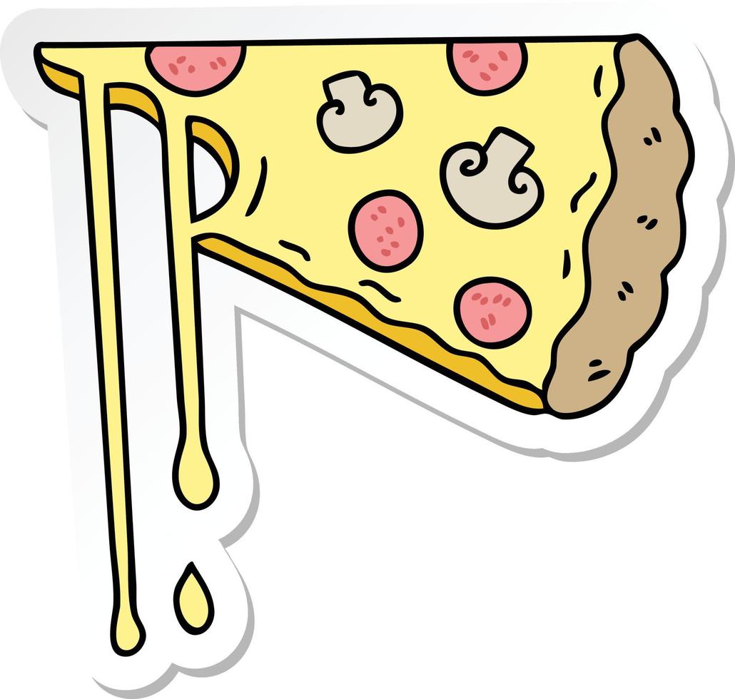 sticker of a quirky hand drawn cartoon cheesy pizza vector