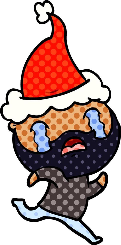 comic book style illustration of a bearded man crying wearing santa hat vector