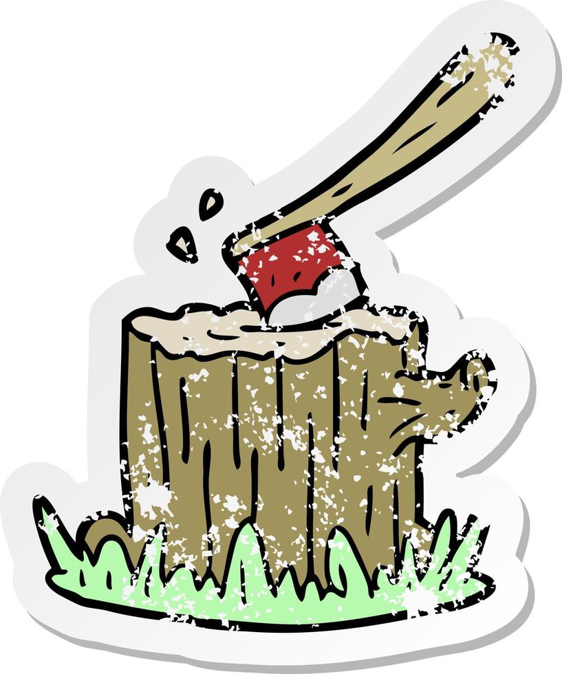 distressed sticker of a cartoon axe in tree stump vector