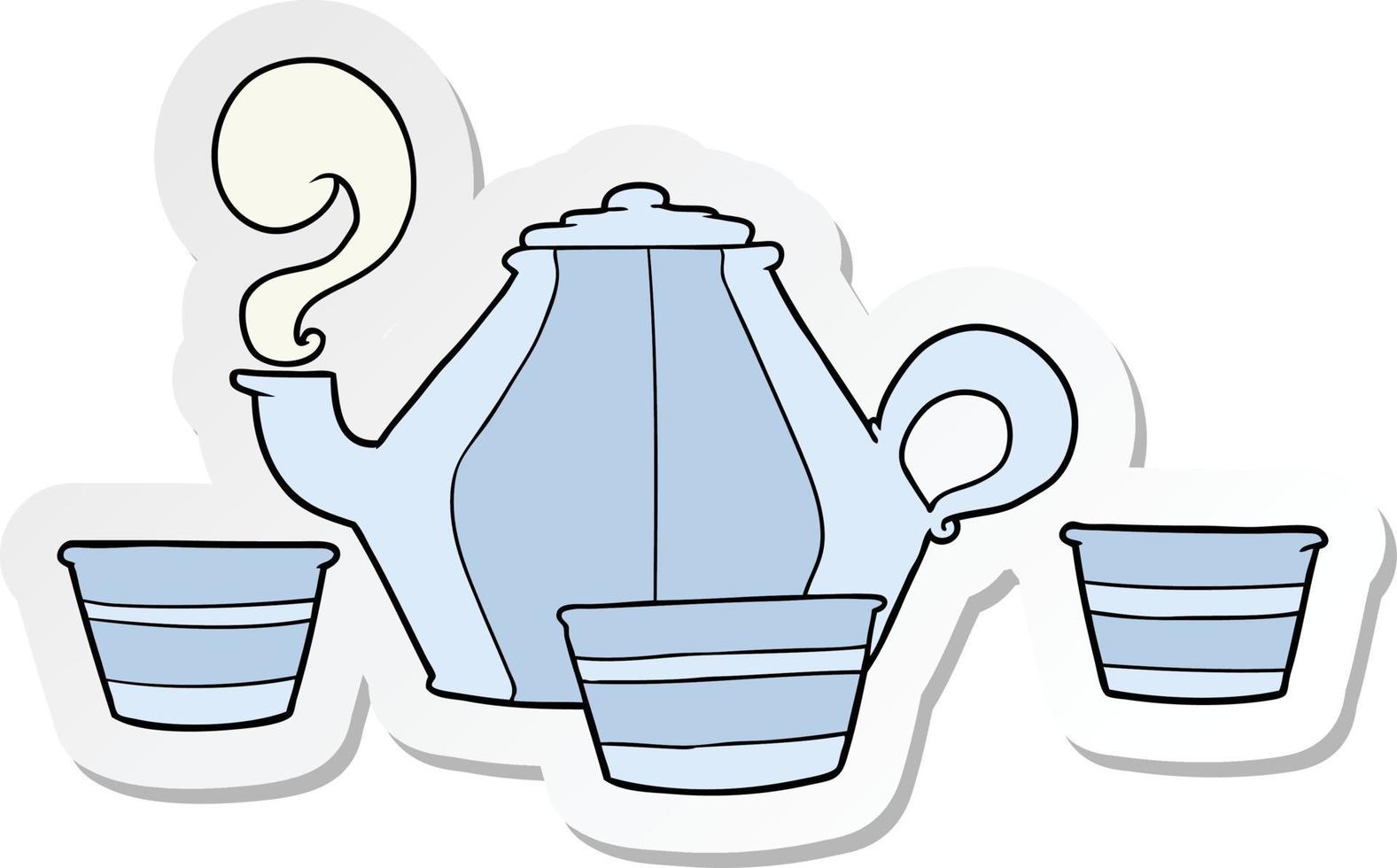 sticker of a cartoon teapot and cups vector