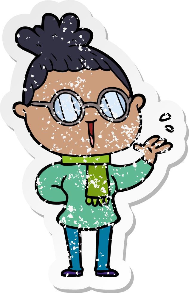 distressed sticker of a cartoon woman wearing spectacles vector