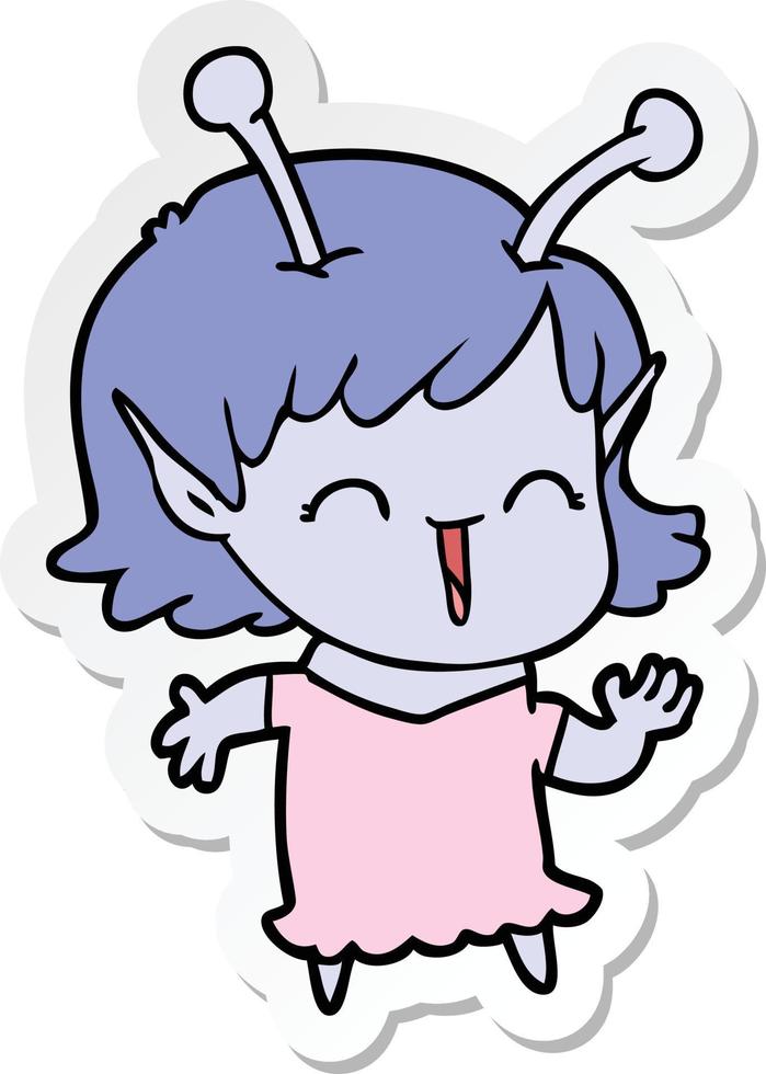 sticker of a cartoon alien girl laughing vector