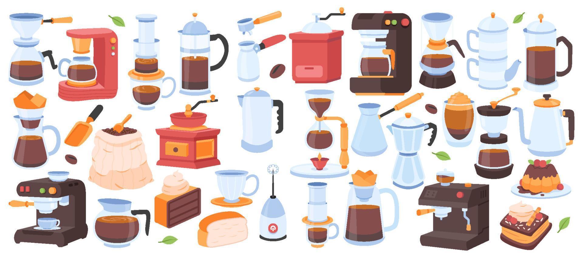 conjunto de colecciones de elementos de métodos de preparación de café, colección de herramientas y utensilios de café para preparar y servir, cliparts vectoriales aislados. ilustraciones de garabatos dibujadas a mano. cafetera, turco. vector