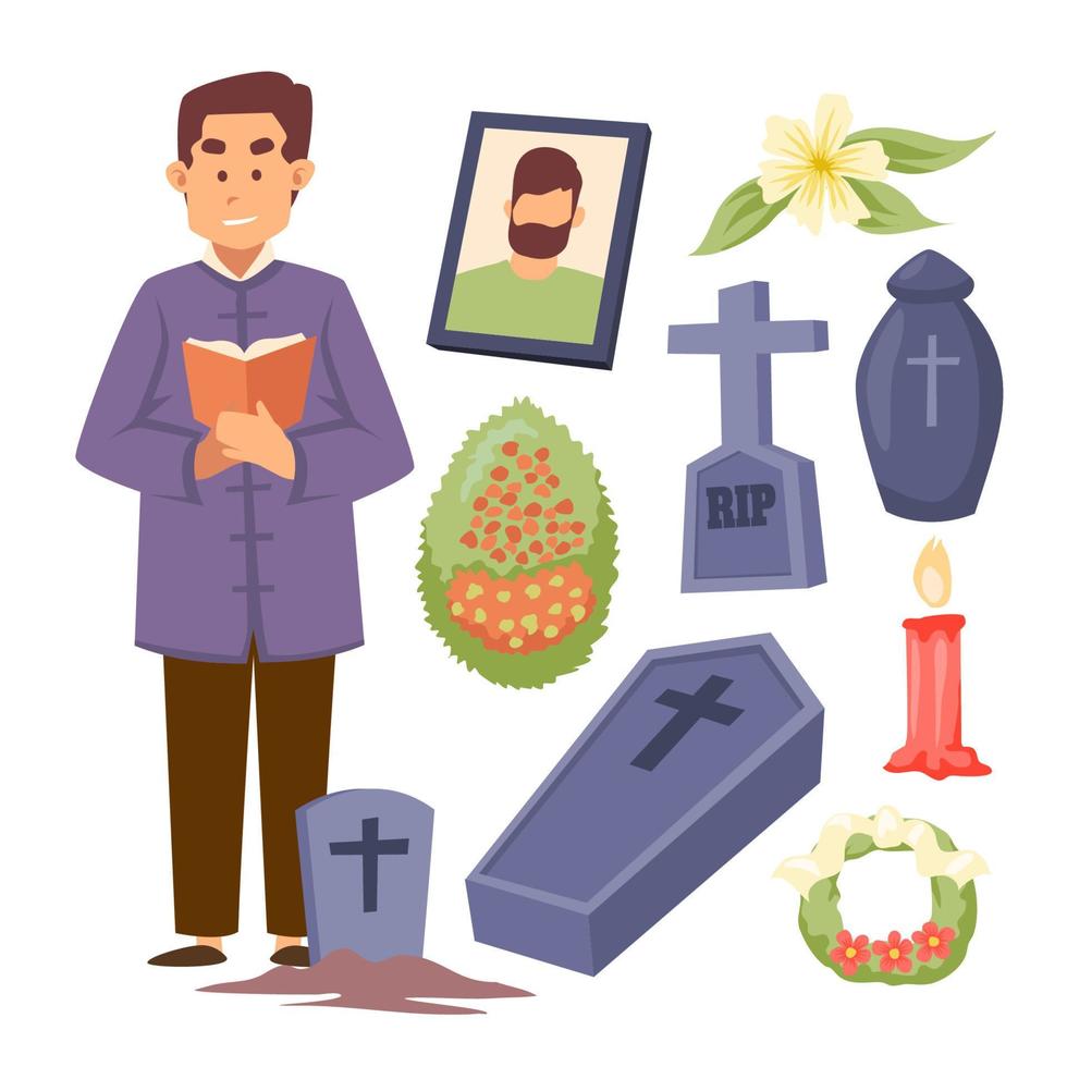 conjunto dibujado a mano de lindos objetos de servicio funerario elementos de carácter, ilustración vectorial con religión, ataúdes, lápida, lápida, vela, flor, corona y pictograma vector