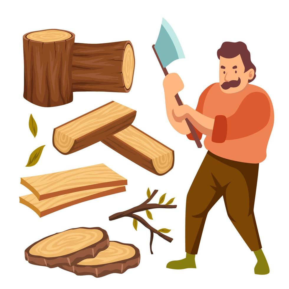 conjunto dibujado a mano de lindos elementos de carácter de objetos de leñador, conjunto de ilustraciones vectoriales con hacha, tronco, madera, troncos, ramas y hojas. vector