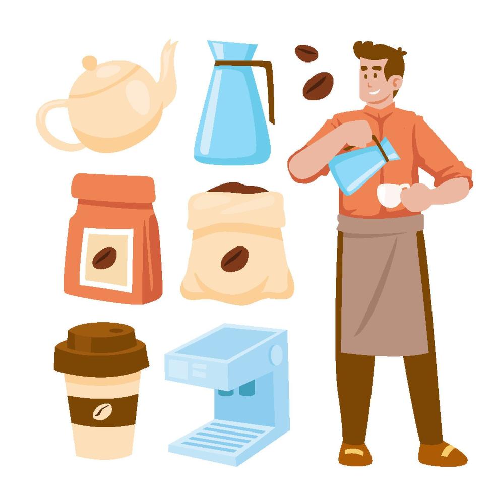 conjunto dibujado a mano de lindos objetos de barista elementos de carácter, ilustración vectorial con comida para llevar, taza, máquina, saco de café vector