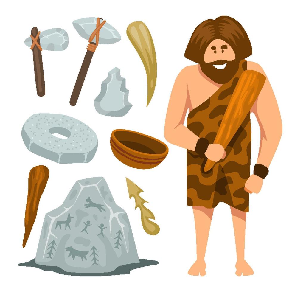 conjunto dibujado a mano de iconos primitivos elementos herramientas o equipos, ilustración vectorial conjunto hacha de piedra, pintura de piedra vector