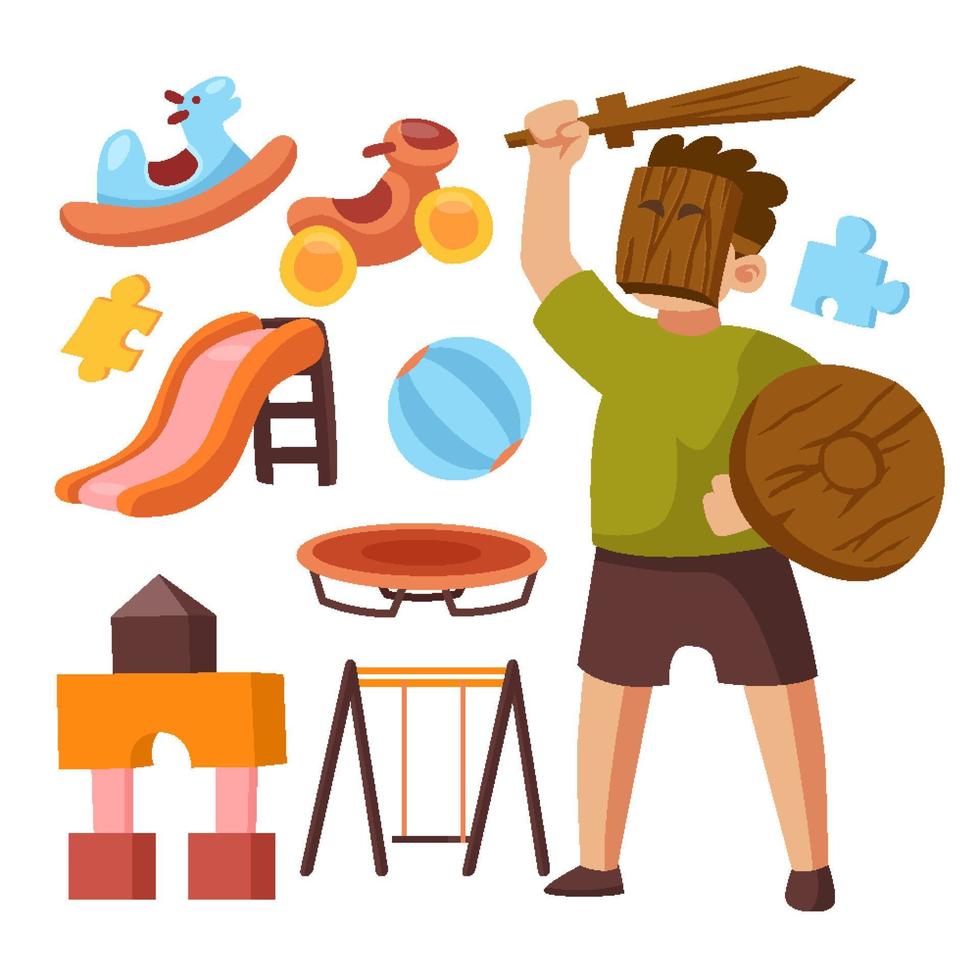 conjunto dibujado a mano de lindos elementos de carácter de sala de juegos para niños, ilustración vectorial con niños jugando, deslizador, pared de ladrillo, deslizador, rompecabezas y columpio vector