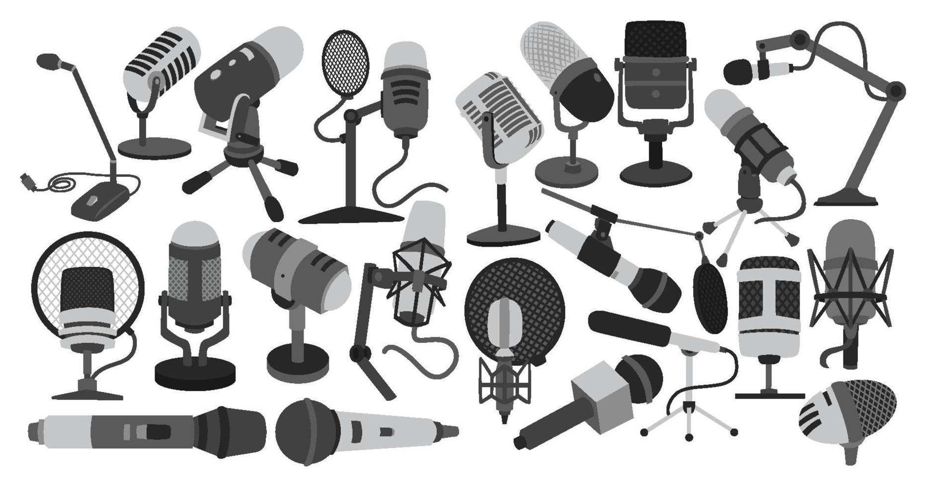 Retro Vintage Set of Podcast Equipments or tools Elements, groovy bundle. Vintage Objects Sticker Label in 70s, 80s, 90s style. Flat illustration with microphones, mixer, headphone and speaker vector