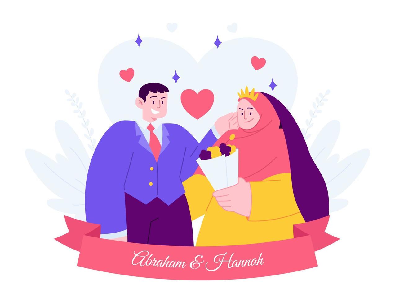 idea de ilustración de vector de concepto de plantilla de invitación de boda de pareja islámica linda para plantilla de página de inicio, día de matrimonio, compromiso, ceremonia de romance, para tarjeta de felicitación estilo plano dibujado a mano