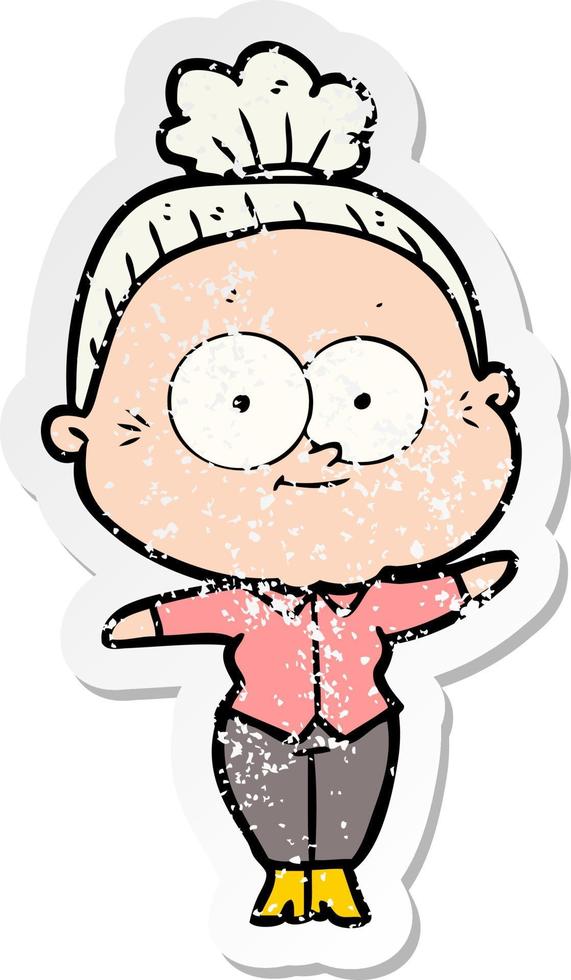 distressed sticker of a cartoon happy old woman vector