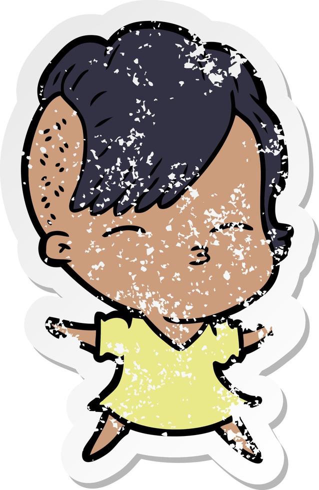 distressed sticker of a cartoon squinting girl vector