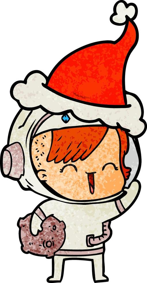 textured cartoon of a happy spacegirl holding moon rock wearing santa hat vector