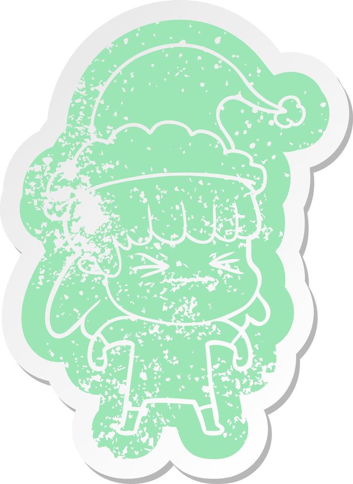 cartoon distressed sticker of a woman wearing santa hat vector